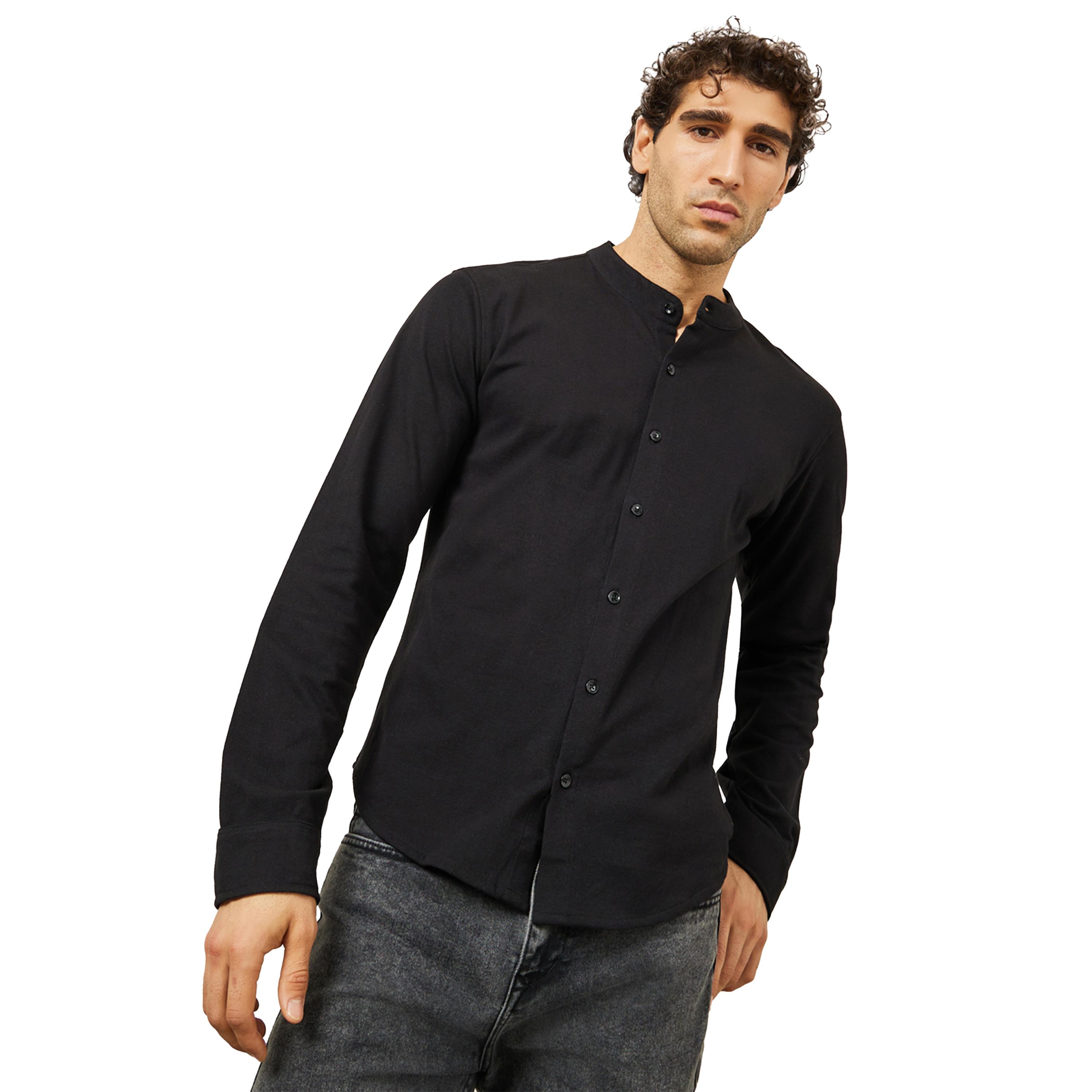 ستايلي- قميص بيكيه محبوك بياقة ماندرين وقصة ضيقة-men-clothing-shirts-image-1