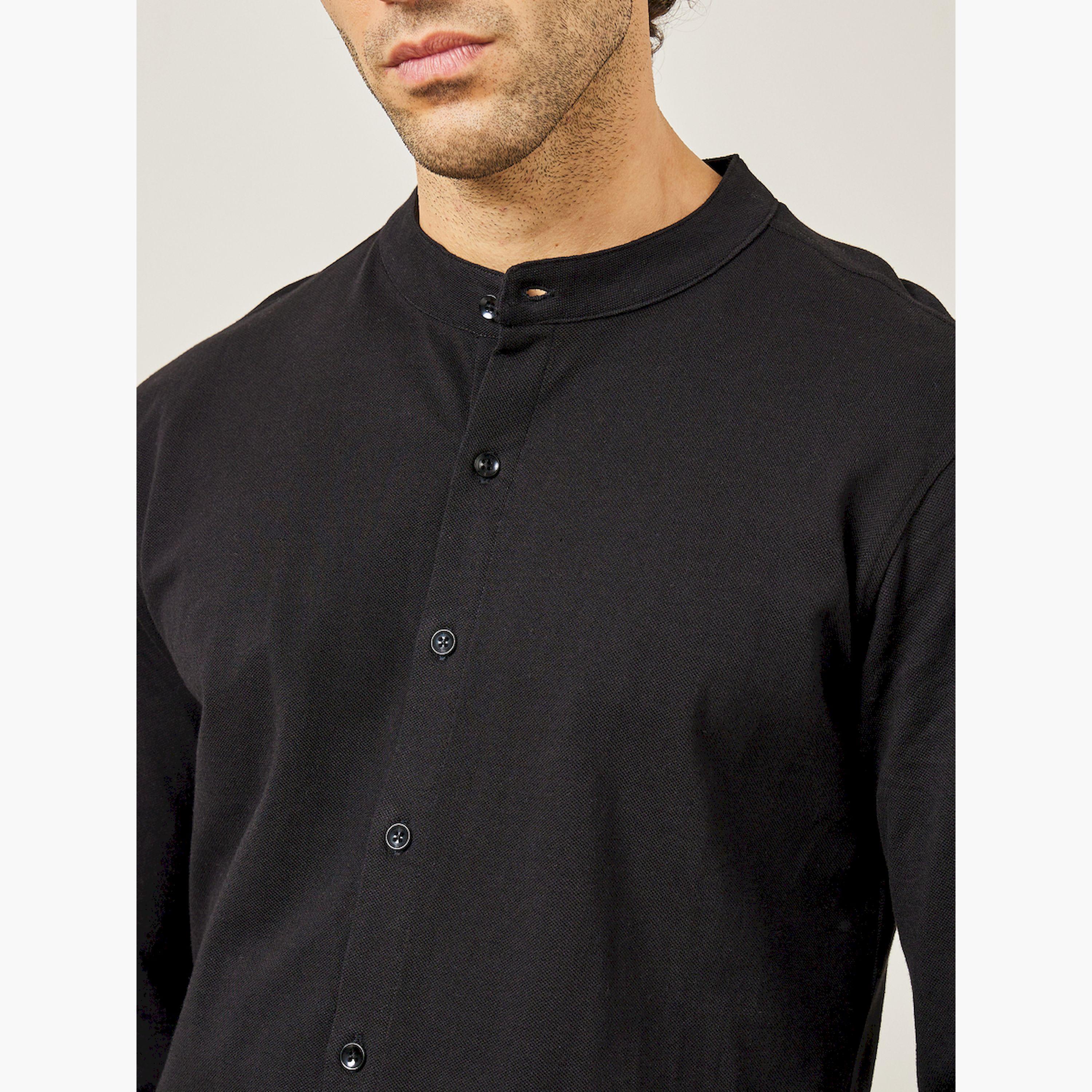ستايلي- قميص بيكيه محبوك بياقة ماندرين وقصة ضيقة-men-clothing-shirts-image-3