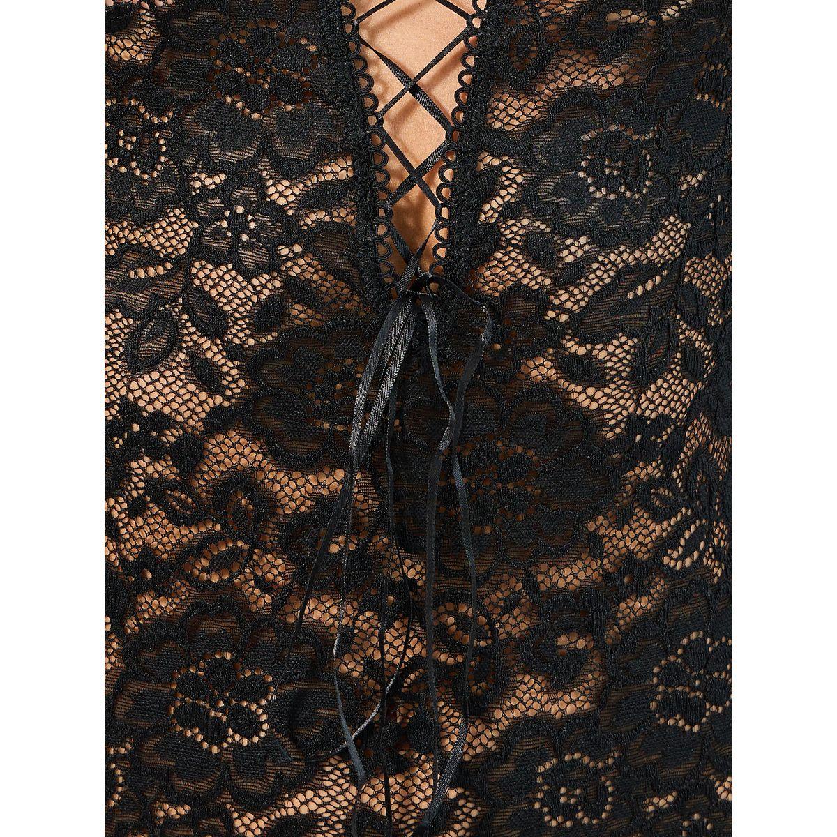 Styli Set of 3 - Lace Up Deep V Lace Slip Dress, Thong & Suspender Stockings-women-clothing-lingerie-babydollsandbodysuits-image-3