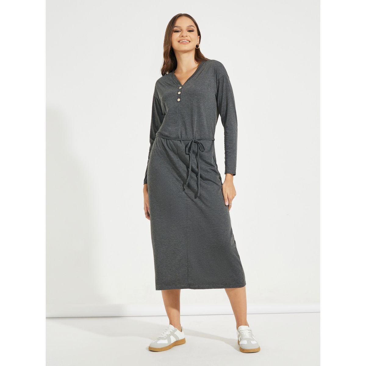Styli Solid Midi Dress with Tie Up Detail & Long Sleeve-women-clothing-dresses-image-1