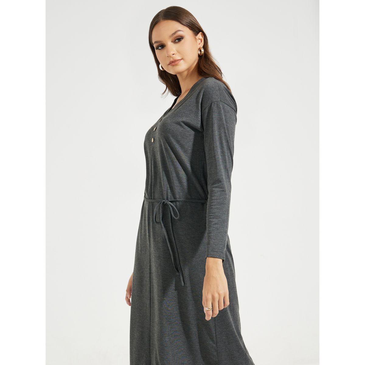 Styli Solid Midi Dress with Tie Up Detail & Long Sleeve-women-clothing-dresses-image-2