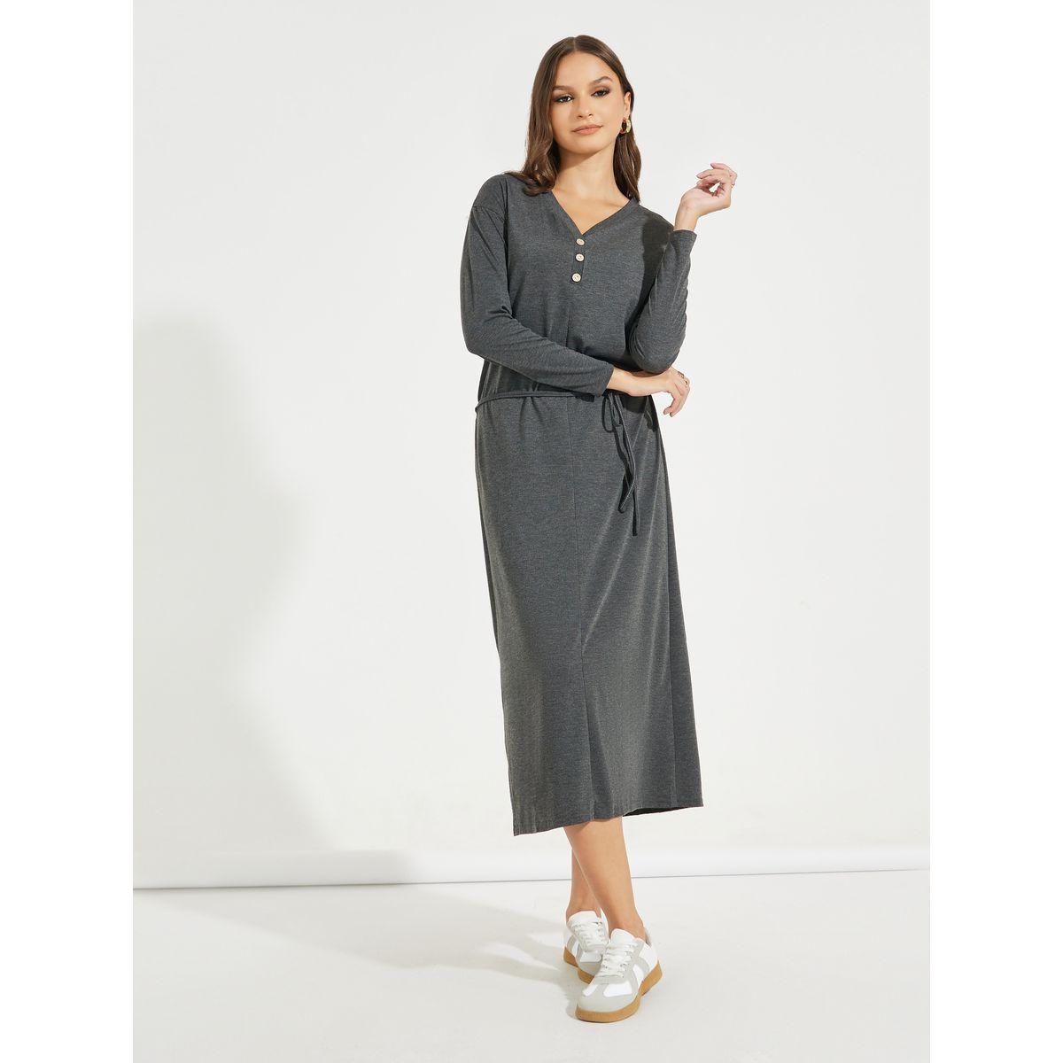 Styli Solid Midi Dress with Tie Up Detail & Long Sleeve-women-clothing-dresses-image-4
