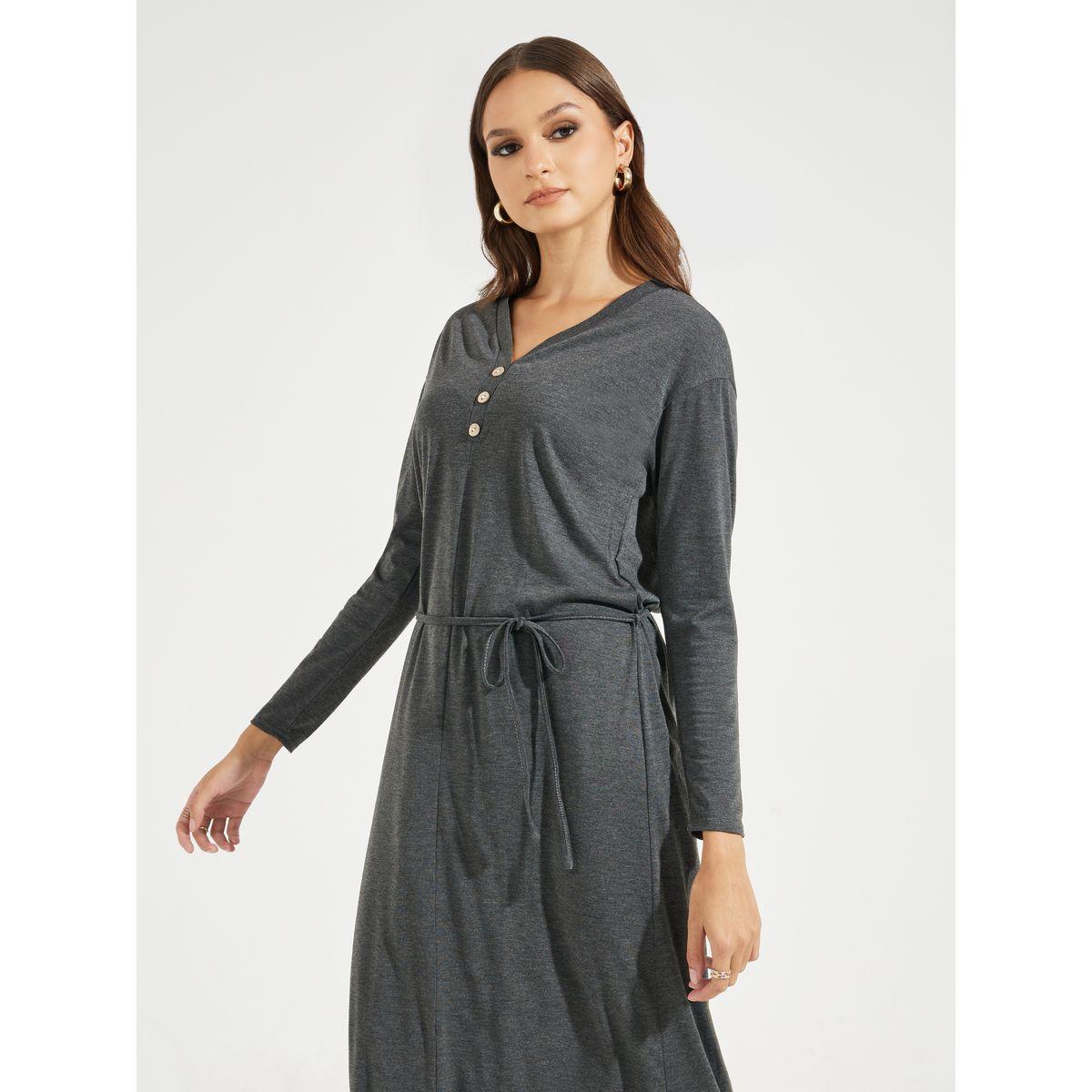 Styli Solid Midi Dress with Tie Up Detail & Long Sleeve-women-clothing-dresses-image-5