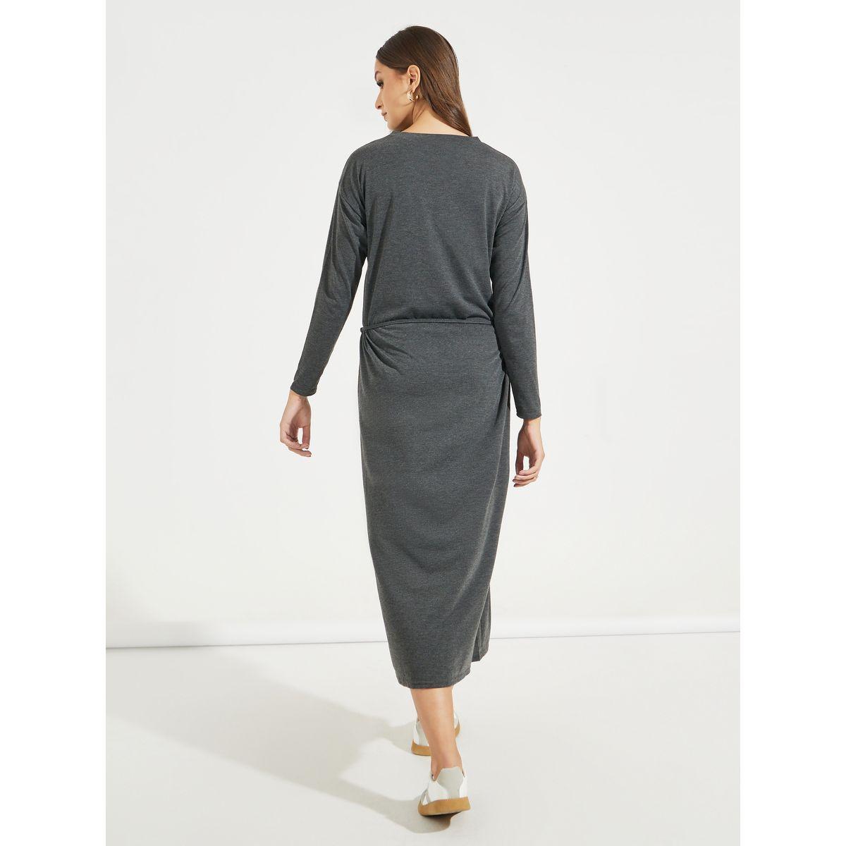 Styli Solid Midi Dress with Tie Up Detail & Long Sleeve-women-clothing-dresses-image-6