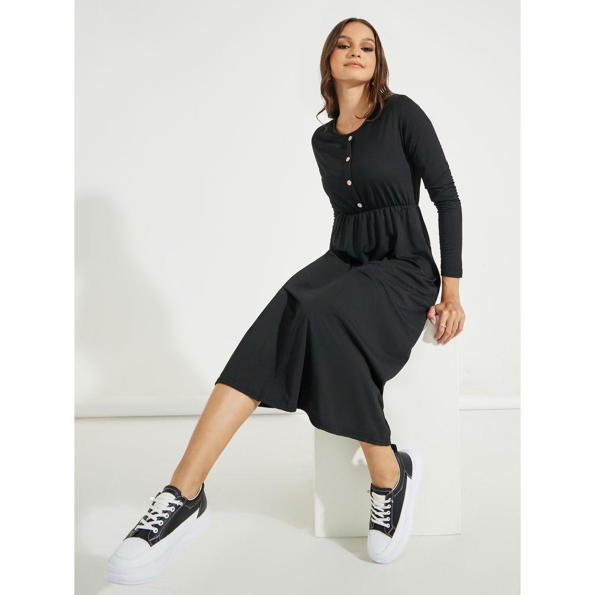 Styli Solid Round Neck Midi Dress with Long Sleeves-women-clothing-dresses-image-1