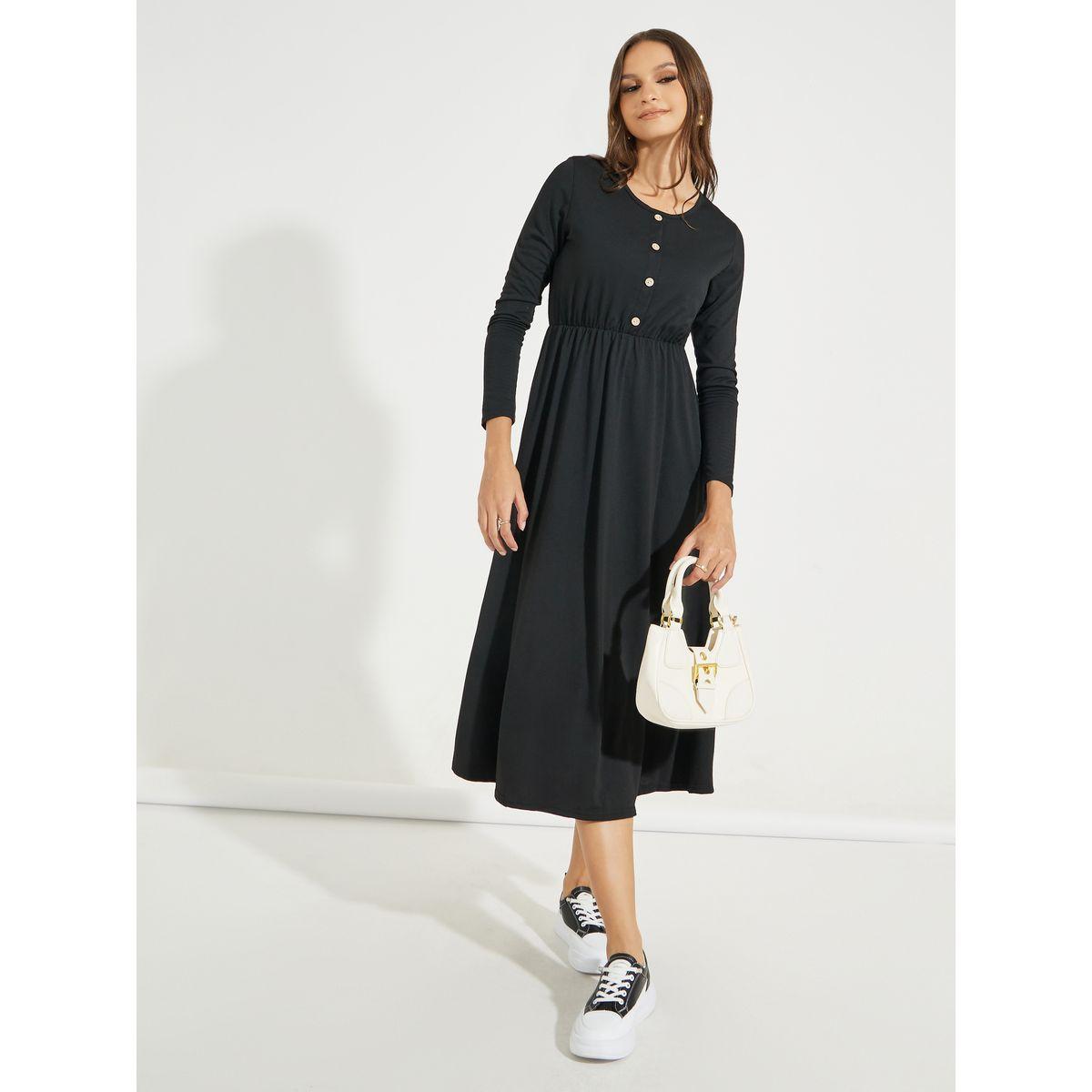 Styli Solid Round Neck Midi Dress with Long Sleeves-women-clothing-dresses-image-2