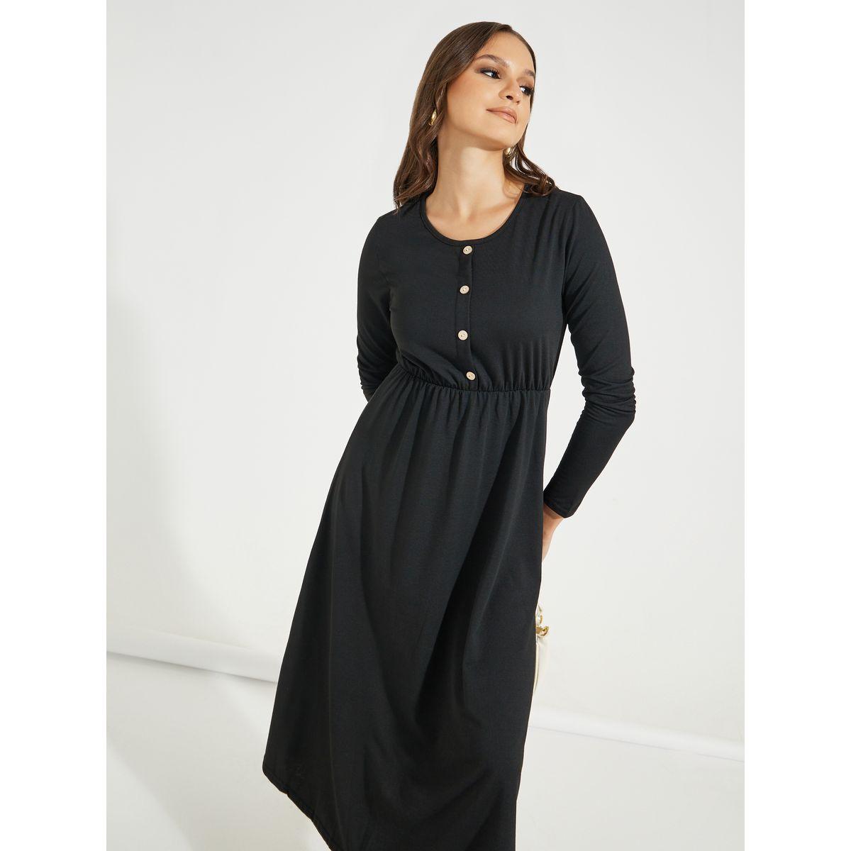 فستان ميدي سادة بياقة دائرية واكمام طويلة-women-clothing-dresses-image-3