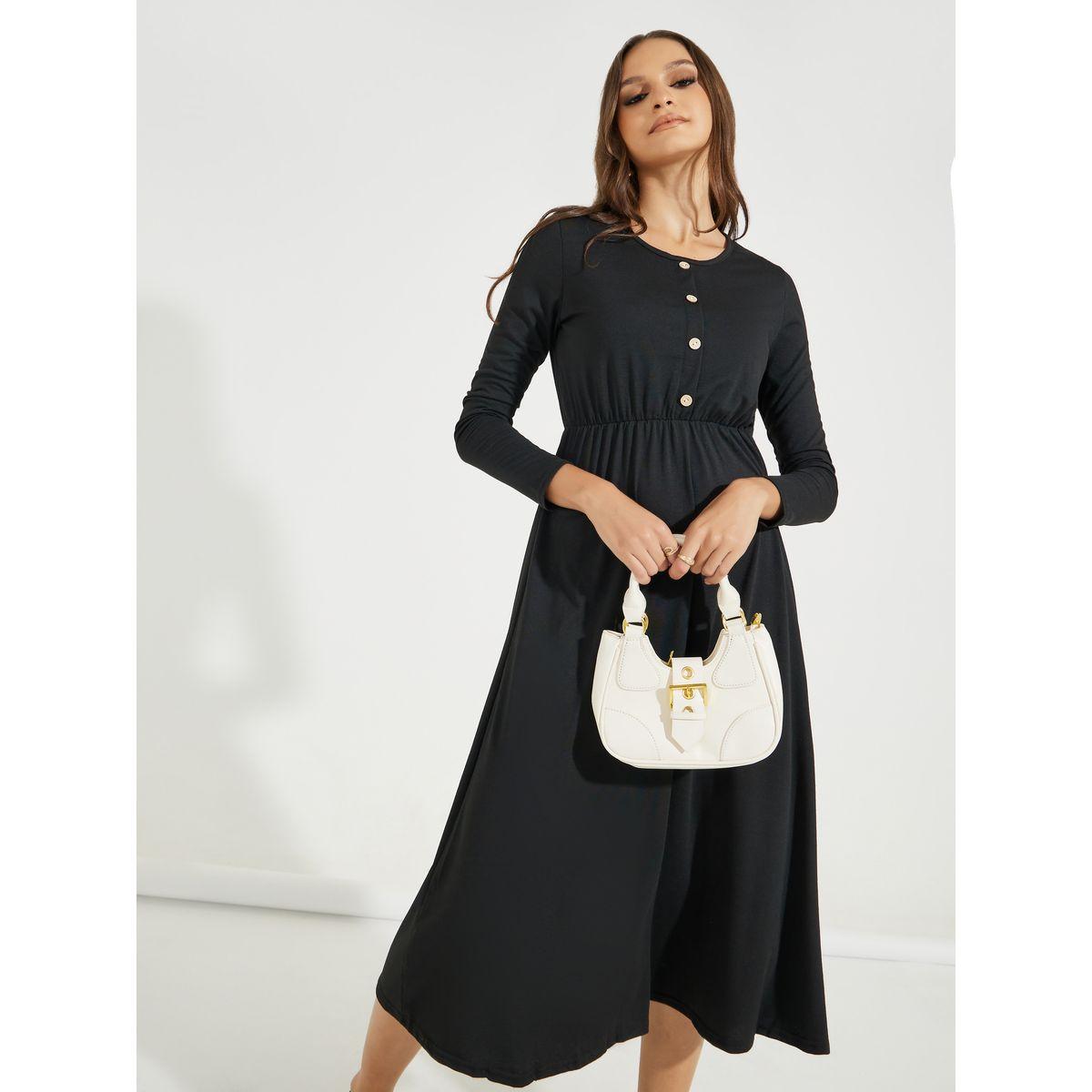 Styli Solid Round Neck Midi Dress with Long Sleeves-women-clothing-dresses-image-4