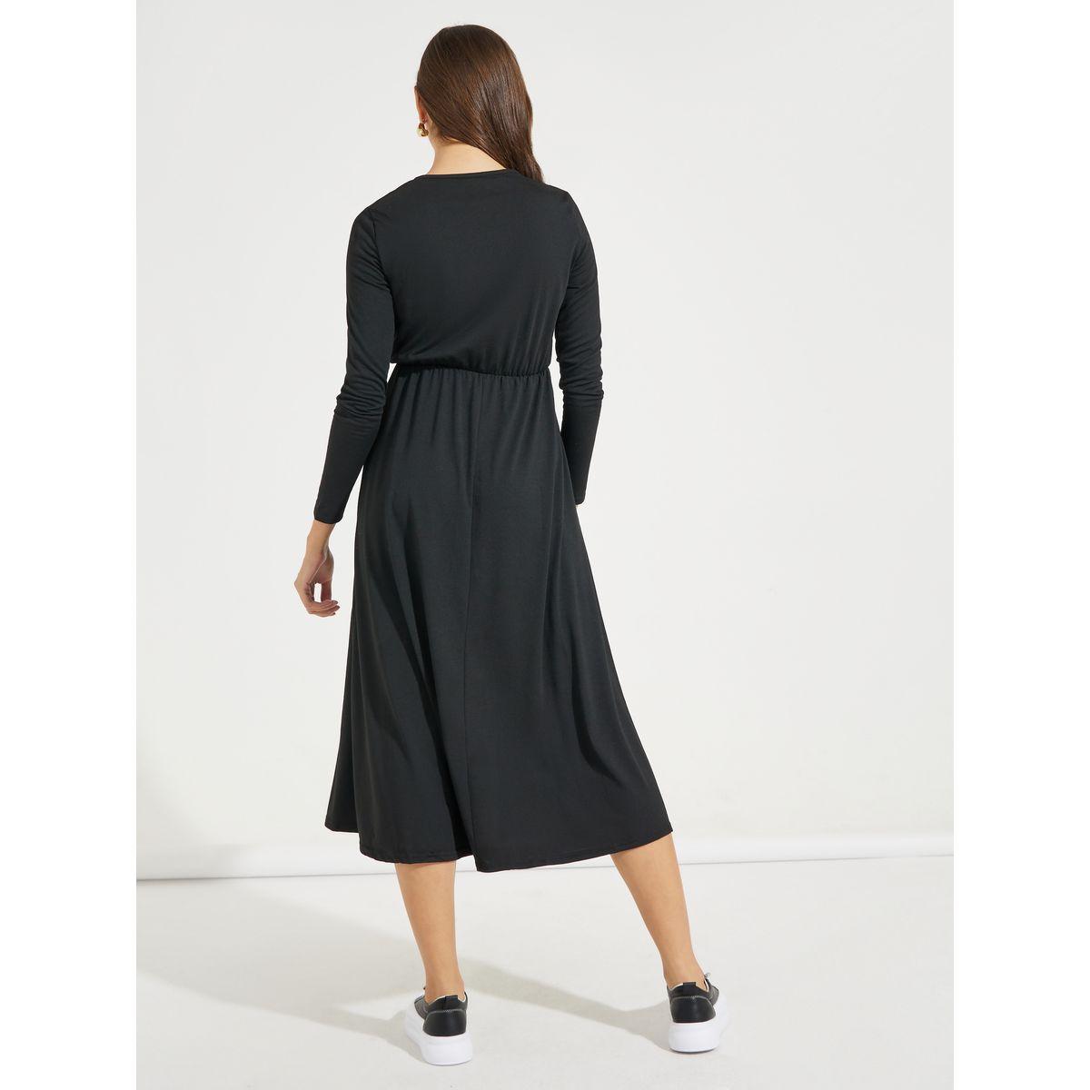 فستان ميدي سادة بياقة دائرية واكمام طويلة-women-clothing-dresses-image-6