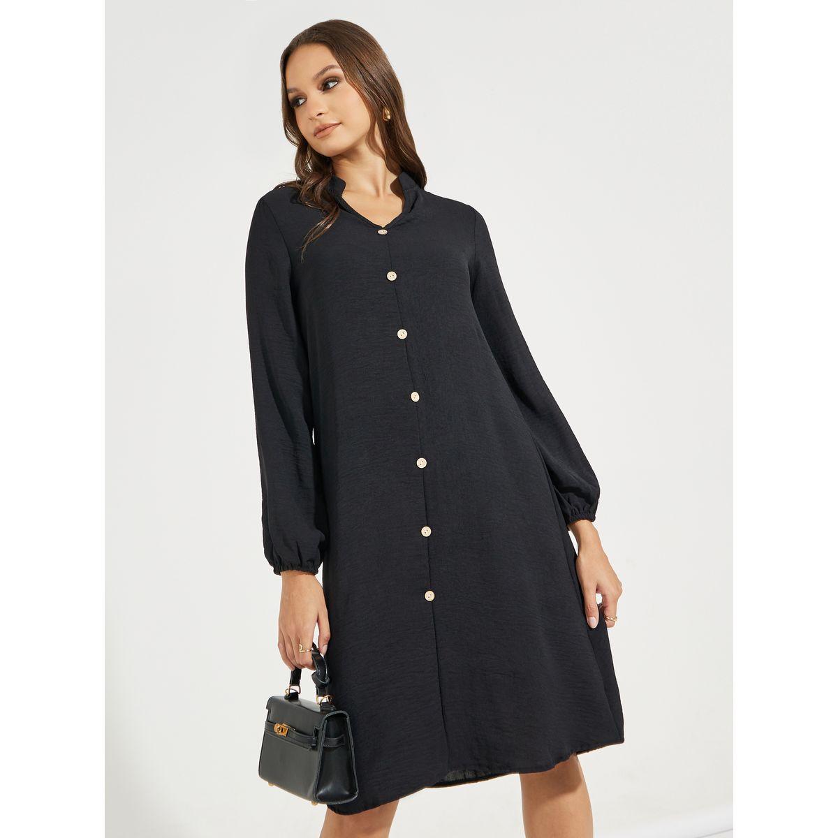 فستان سادة بطول الركبة مع اكمام طويلة-women-clothing-dresses-image-1