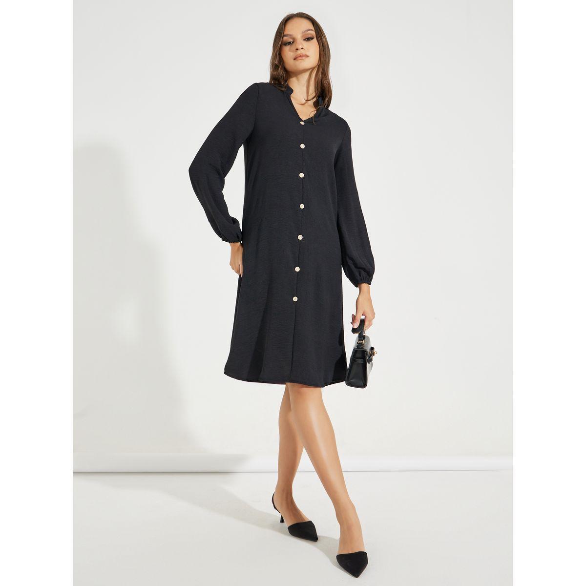 Styli Solid Button Front Long Sleeve Knee Length Dress-women-clothing-dresses-image-2