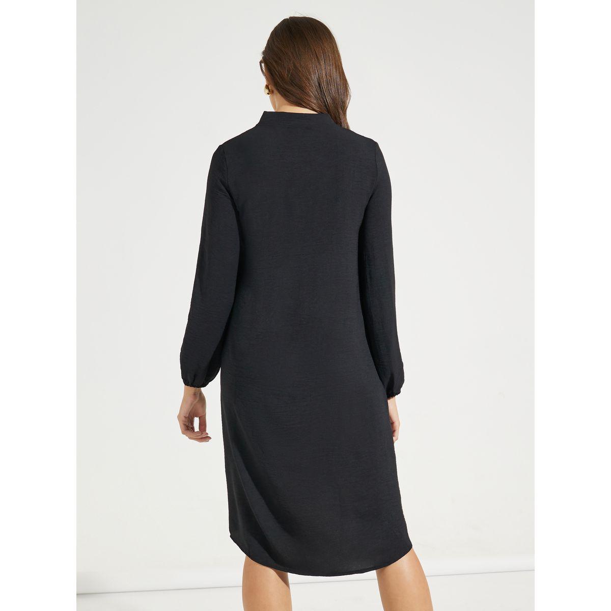 Styli Solid Button Front Long Sleeve Knee Length Dress-women-clothing-dresses-image-6