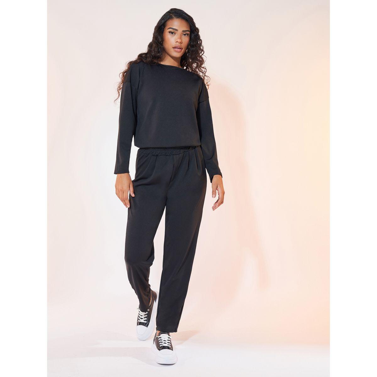 طقم منسق من بنطال مع بلوزة سادة بأكتاف منخفضة-women-clothing-coordsets-image-1