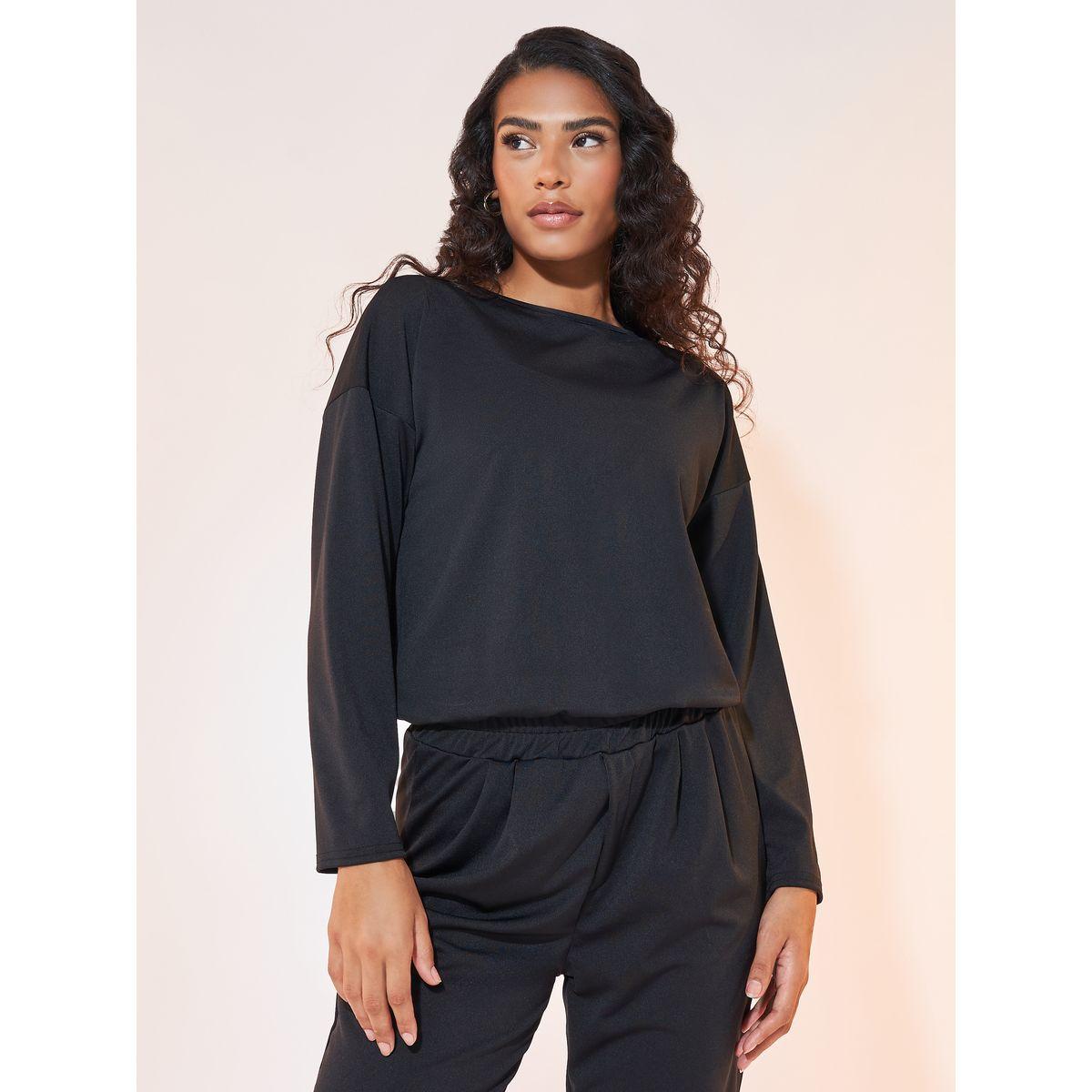 طقم منسق من بنطال مع بلوزة سادة بأكتاف منخفضة-women-clothing-coordsets-image-2