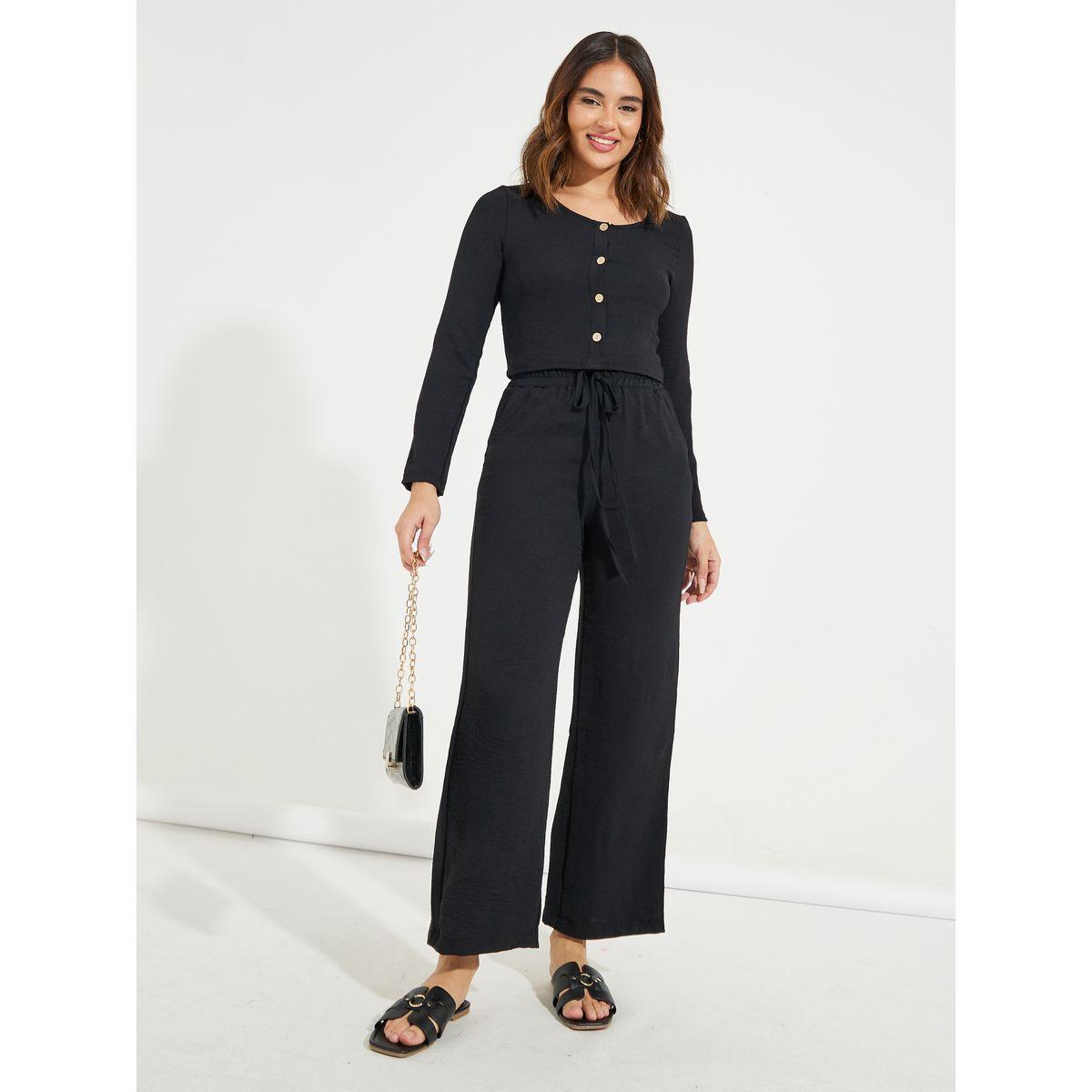 Styli Solid Button Front Crop Top & Pants Co-Ords-women-clothing-coordsets-image-1