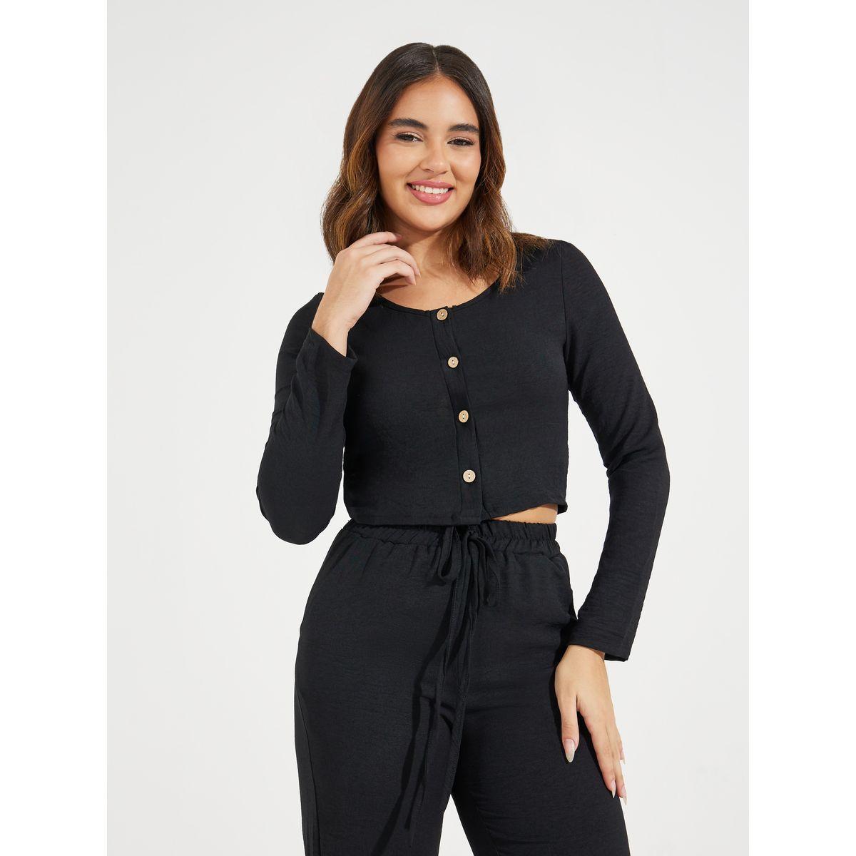 طقم منسق من بنطال مع بلوزة قصيرة سادة بأزرار-women-clothing-coordsets-image-2