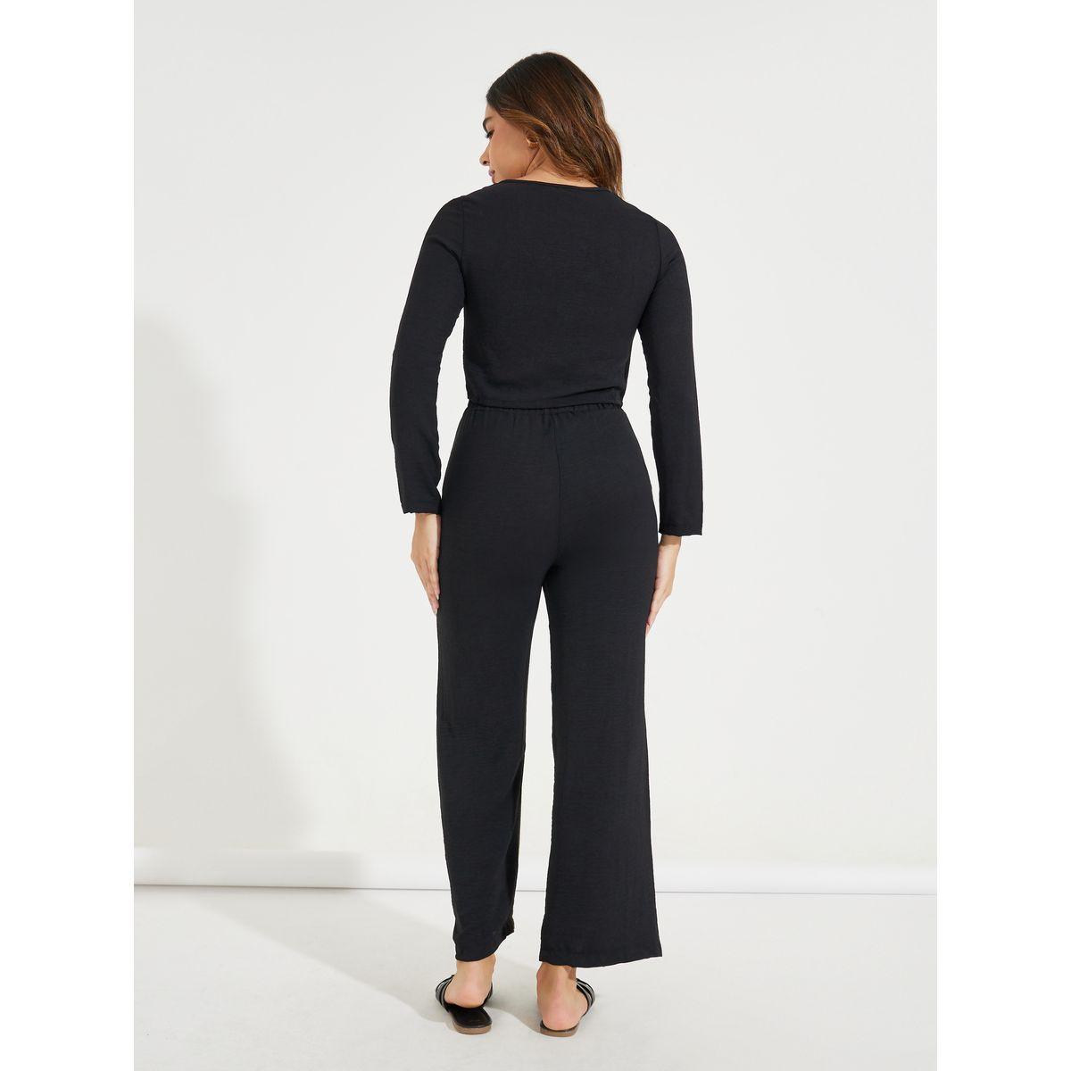 طقم منسق من بنطال مع بلوزة قصيرة سادة بأزرار-women-clothing-coordsets-image-5