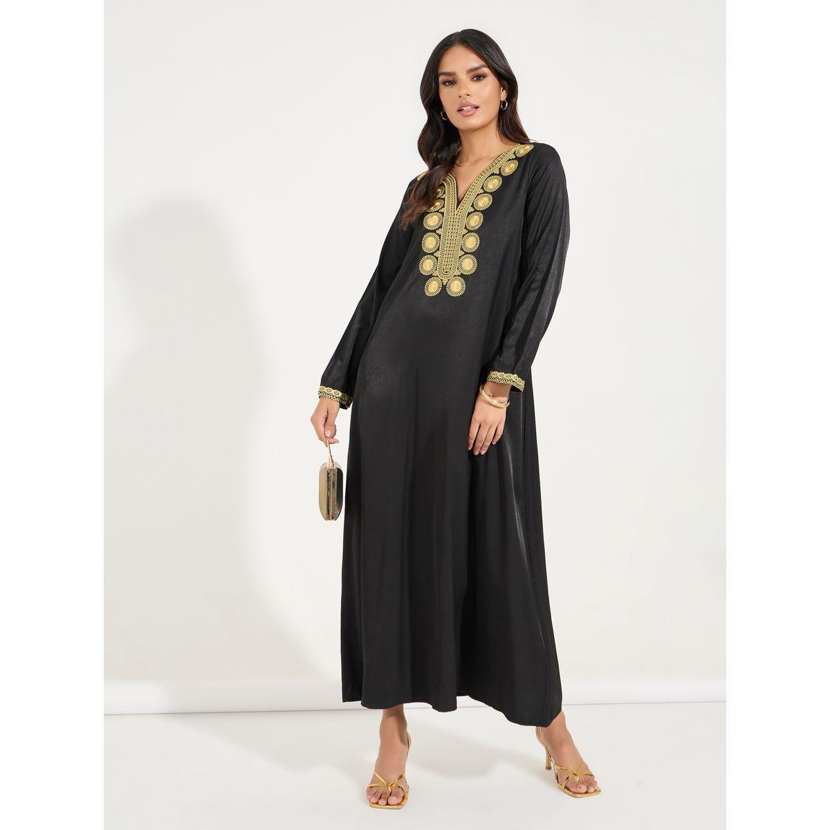 Styli Embroidery Detail V Neck Jalabiya-women-arabicclothing-jalabiyas-image-1