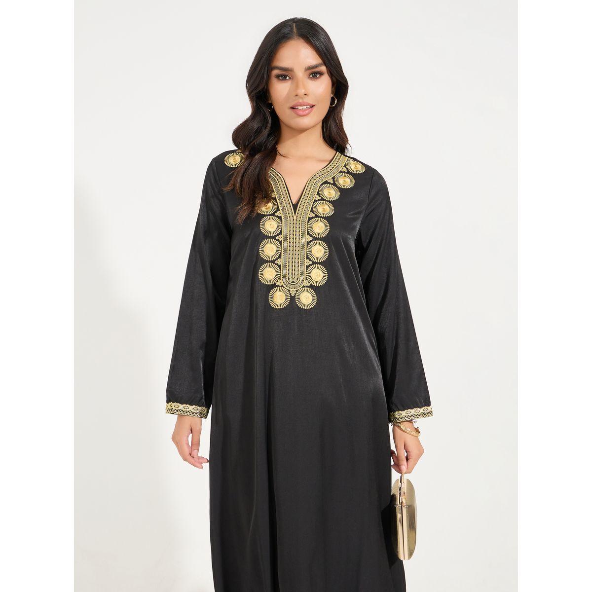 Styli Embroidery Detail V Neck Jalabiya-women-arabicclothing-jalabiyas-image-2
