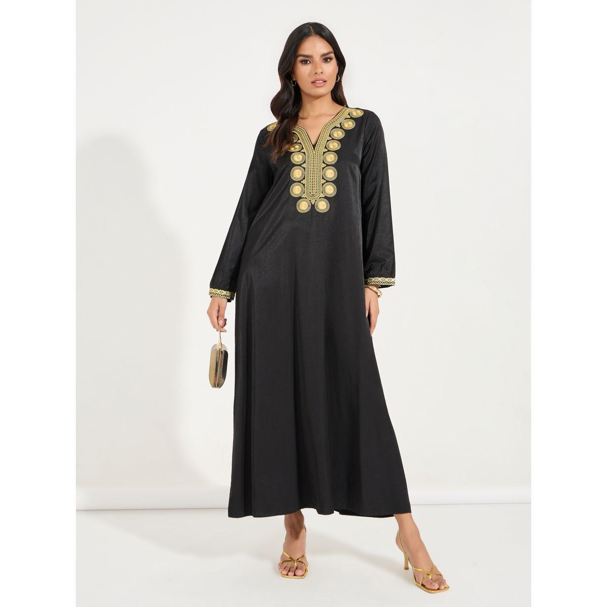 Styli Embroidery Detail V Neck Jalabiya-women-arabicclothing-jalabiyas-image-5