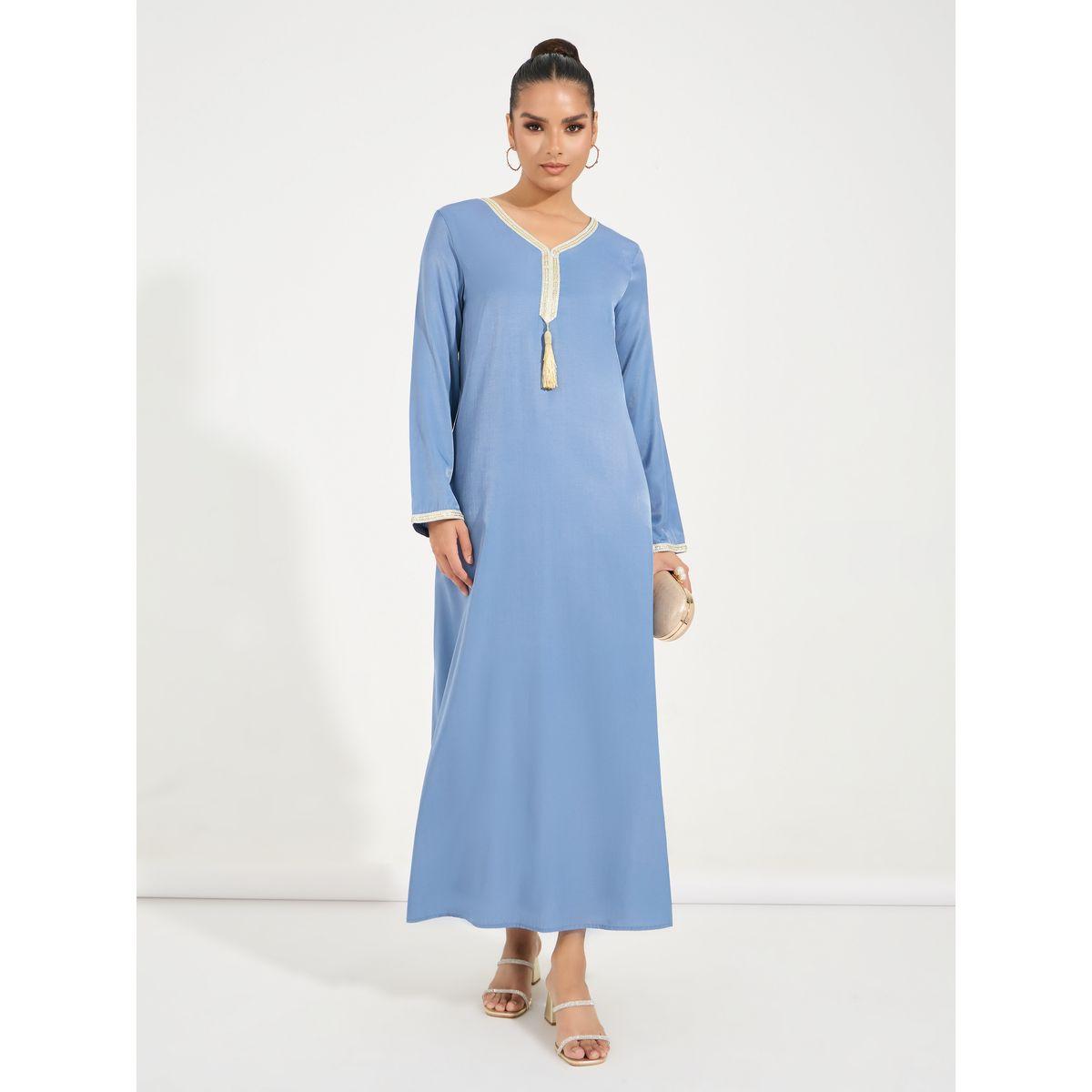 فستان بتصميم جلابية ومزين بشراشيب-women-arabicclothing-jalabiyas-image-1