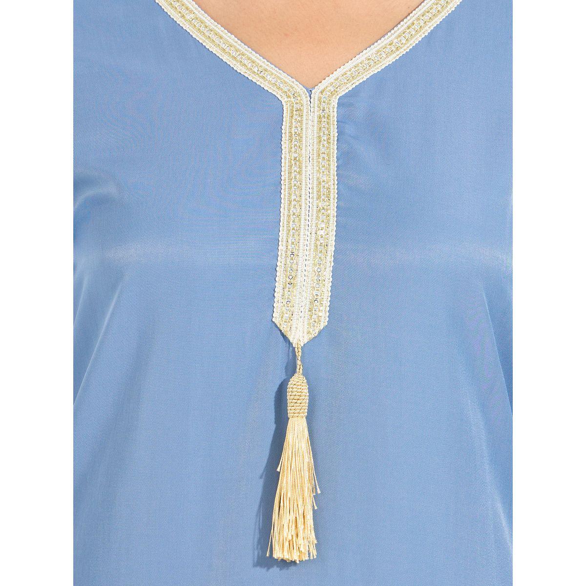 Styli Tassel Detail Contrast Trim Jalabiya Dress-women-arabicclothing-jalabiyas-image-3