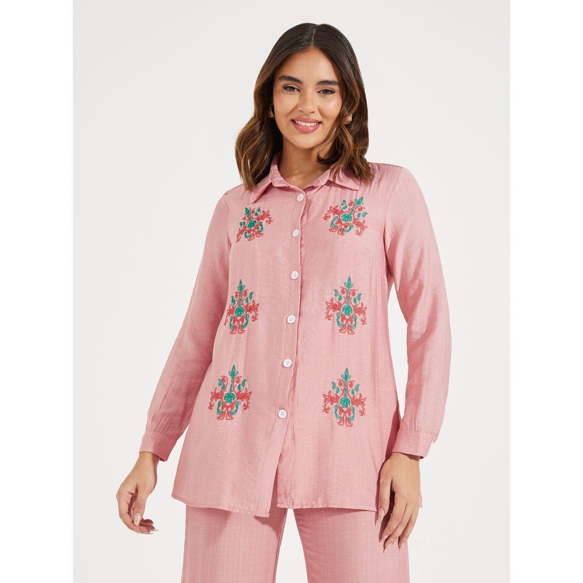 Styli Embroidered Panel Longline Shirt & Pants Co-Ords-women-clothing-coordsets-image-2