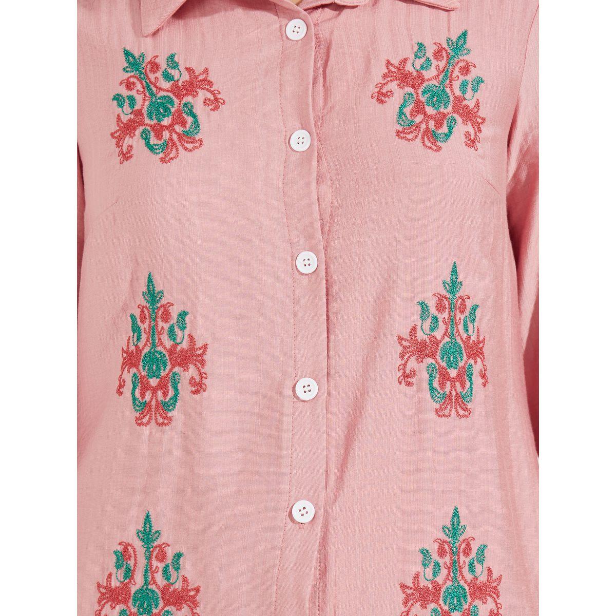 Styli Embroidered Panel Longline Shirt & Pants Co-Ords-women-clothing-coordsets-image-3