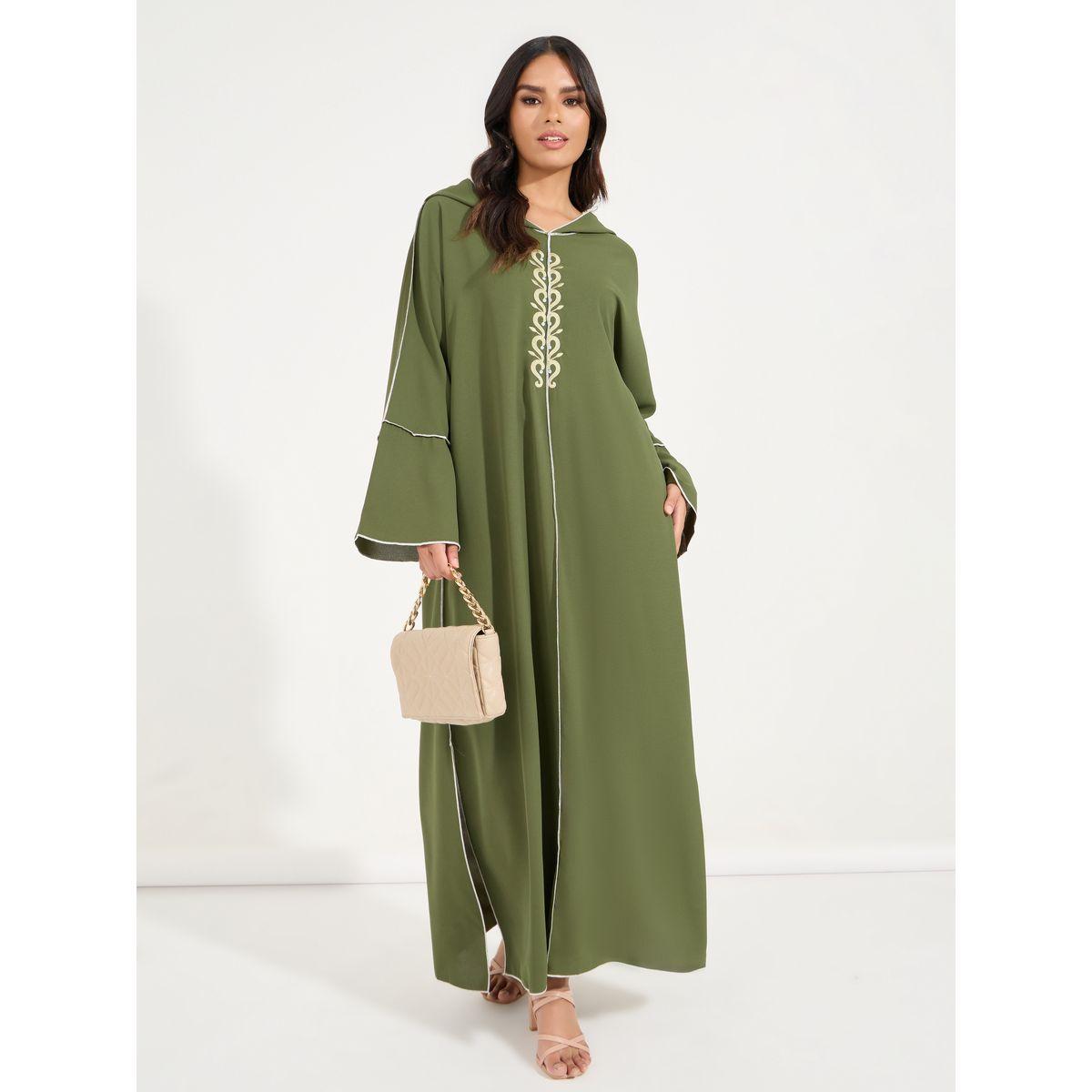 Styli Embroidered Cotton Mix Hooded Kaftan Maxi Dress-women-arabicclothing-kaftan-image-1