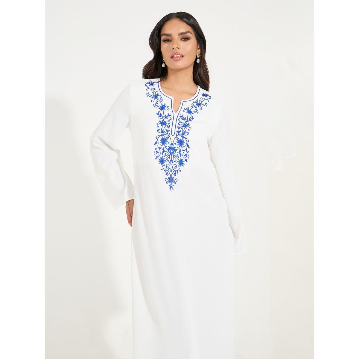 Styli Embroidery Detail Cotton Mix Jalabiya with Notch Neck-women-arabicclothing-jalabiyas-image-5