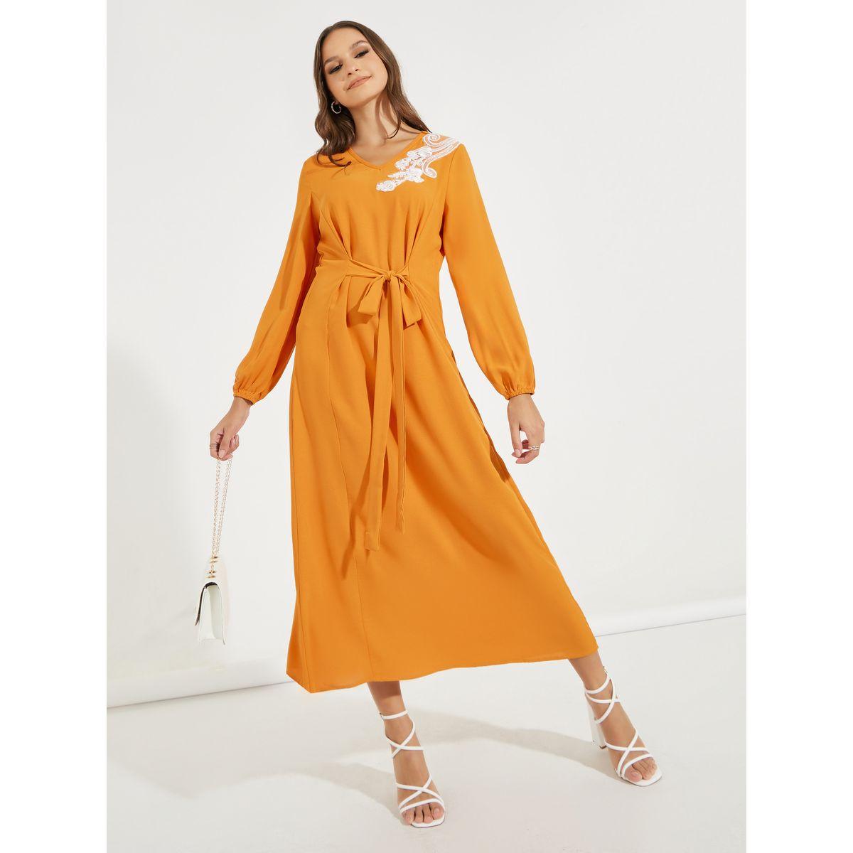 Styli Embroidery Detail V Neck Belted Midi Dress-women-clothing-dresses-image-1