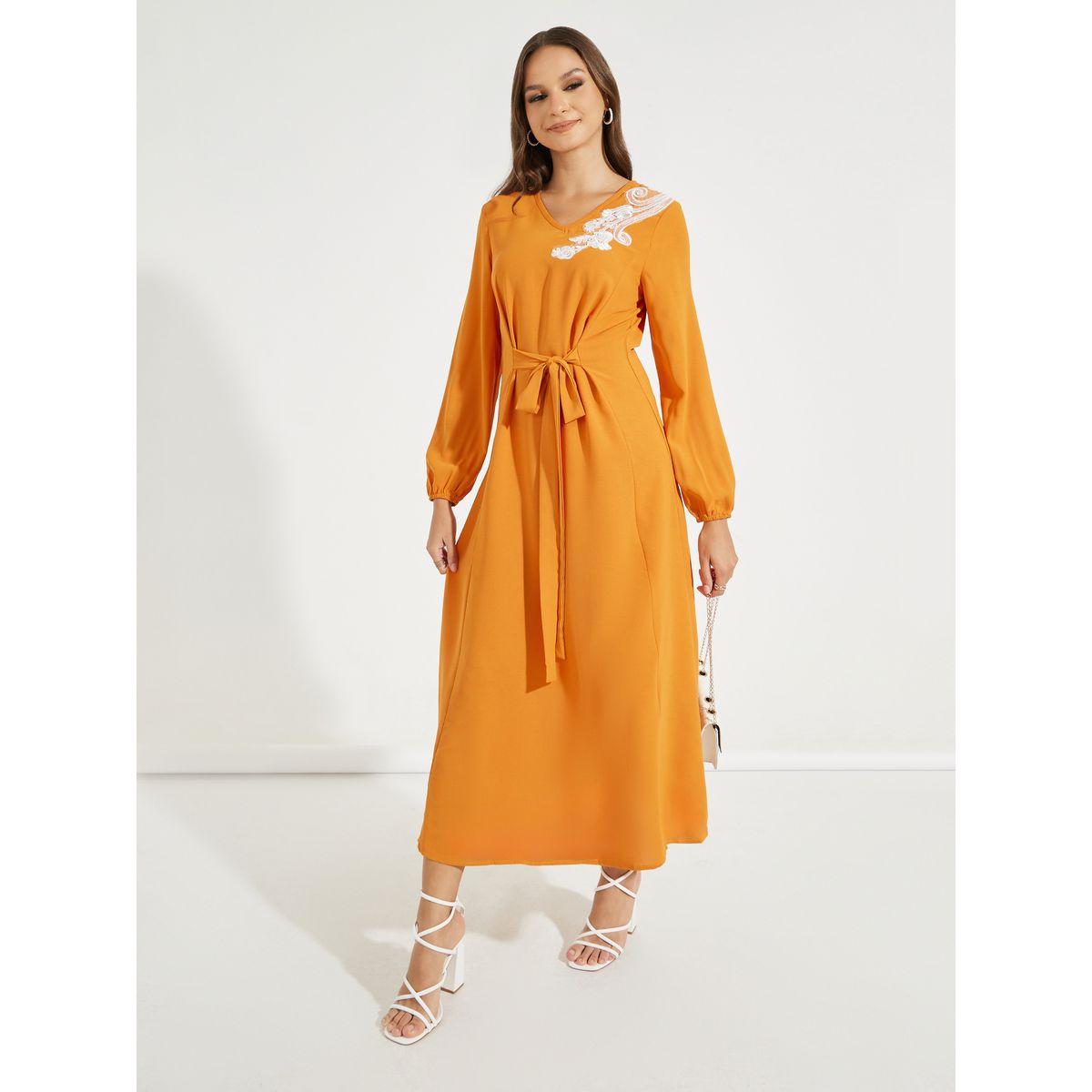 Styli Embroidery Detail V Neck Belted Midi Dress-women-clothing-dresses-image-4