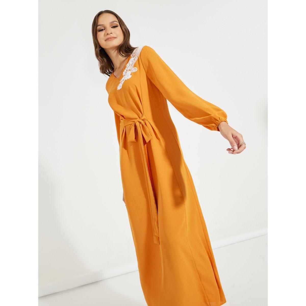 Styli Embroidery Detail V Neck Belted Midi Dress-women-clothing-dresses-image-5