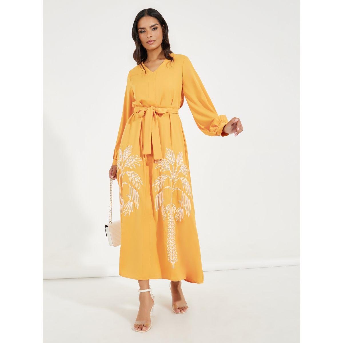 Styli Embroidered Panel Self Tie Belt Maxi Dress-women-clothing-dresses-image-1