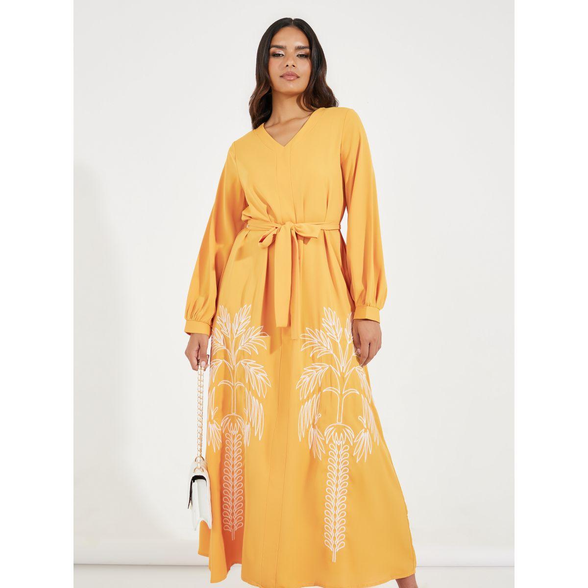 Styli Embroidered Panel Self Tie Belt Maxi Dress-women-clothing-dresses-image-2