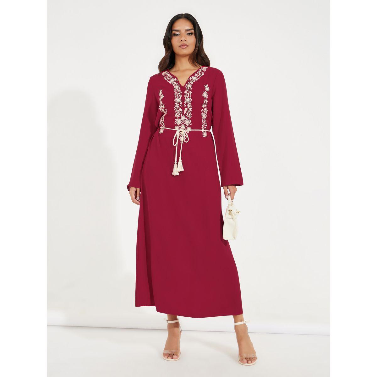 Styli Embroidery Detail Jalabiya with String Belt-women-arabicclothing-jalabiyas-image-1