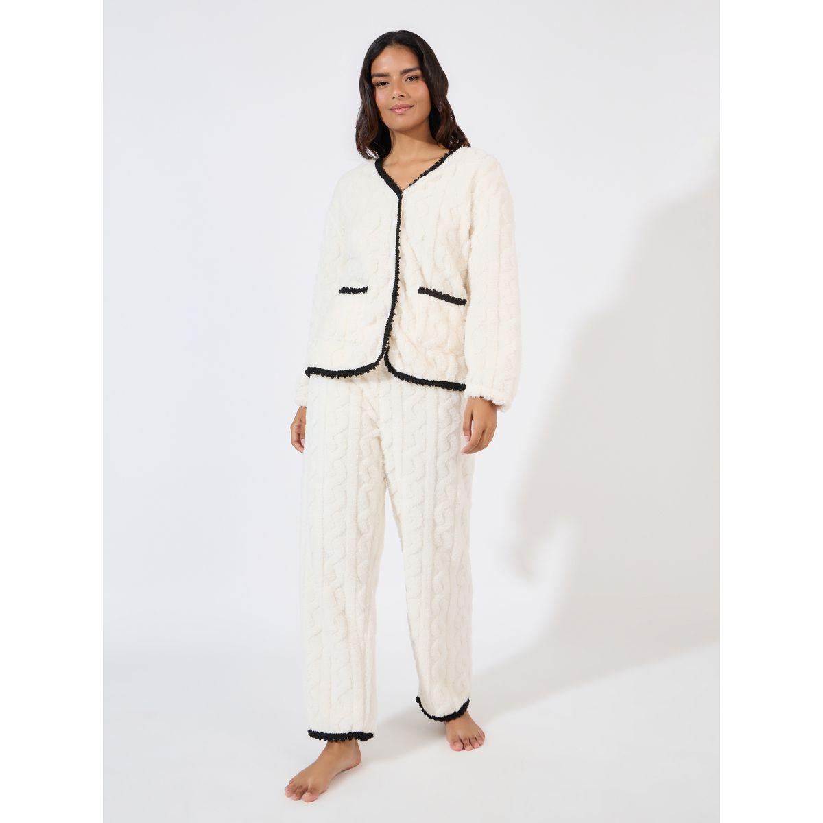 Styli Unwind Cable Fleece Contrast Trim Pocket Shirt & Pyjama Set-women-clothing-nightwear-pyjamas-longsets-image-1