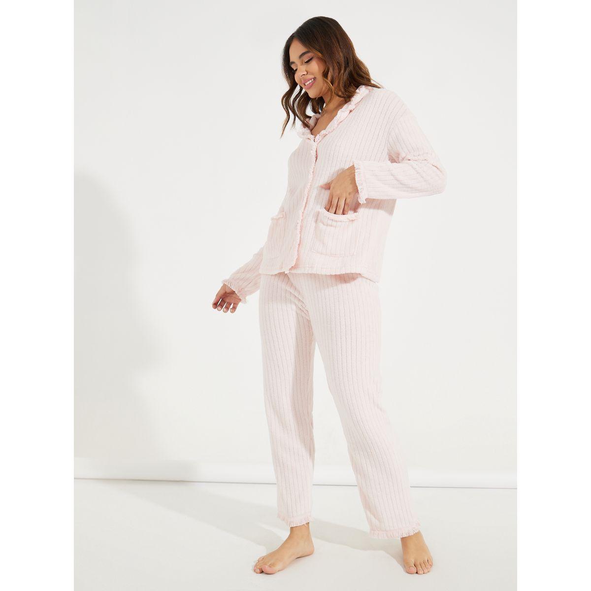Styli Unwind Stripe Fleeced Frayed Edge Shirt & Pyjama Set-women-clothing-nightwear-pyjamas-longsets-image-1