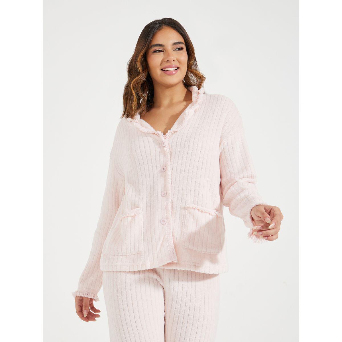 Styli Unwind Stripe Fleeced Frayed Edge Shirt & Pyjama Set-women-clothing-nightwear-pyjamas-longsets-image-2