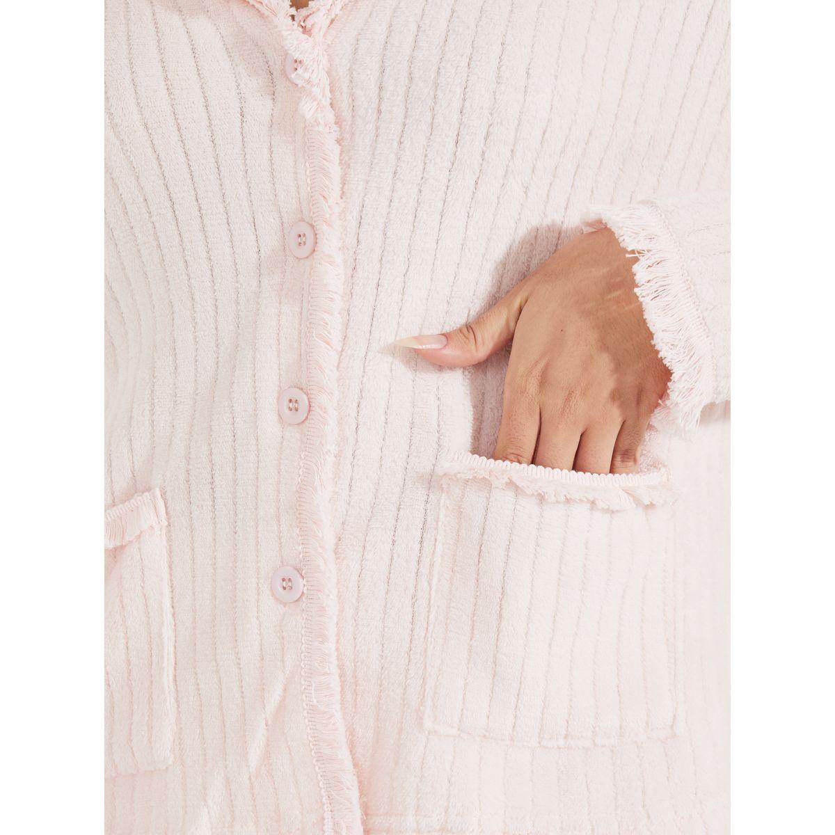 طقم من بنطال بيجاما فليس مع بلوزة مخططة بحواف ممزقة-women-clothing-nightwear-pyjamas-longsets-image-3