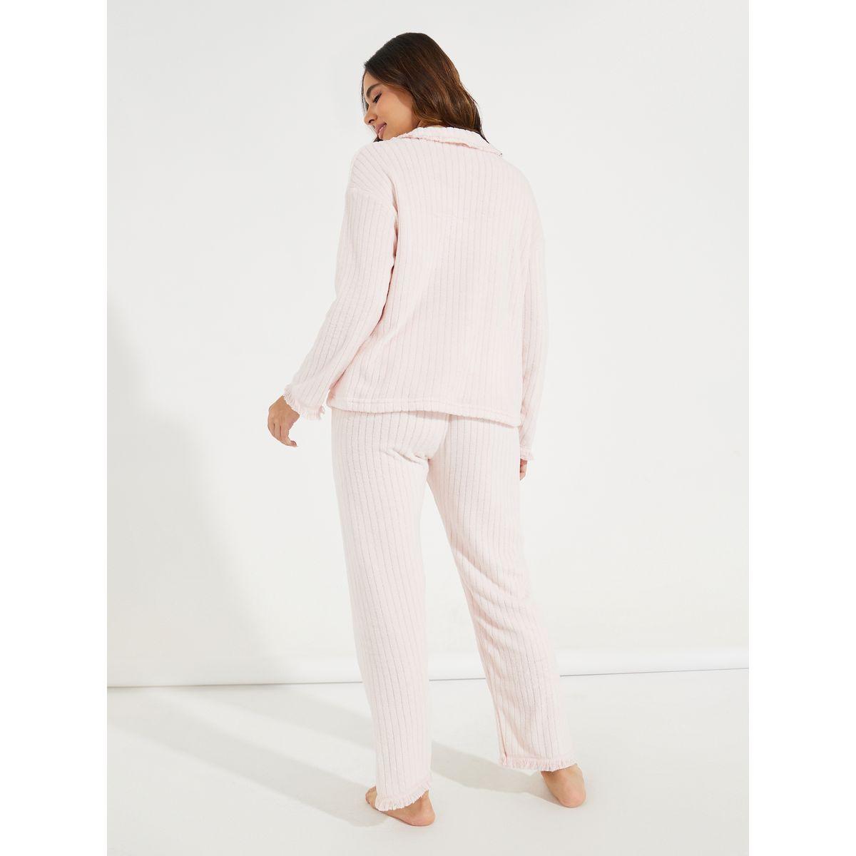 Styli Unwind Stripe Fleeced Frayed Edge Shirt & Pyjama Set-women-clothing-nightwear-pyjamas-longsets-image-4