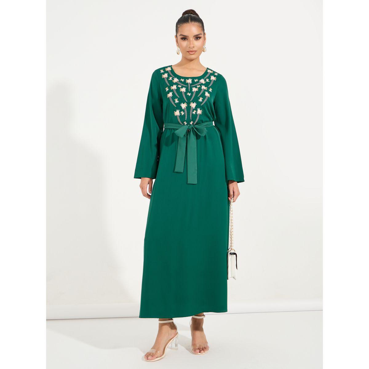 Styli Embroidered Panel Cotton Mix Jalabiya Dress with Tie Belt-women-arabicclothing-jalabiyas-image-1