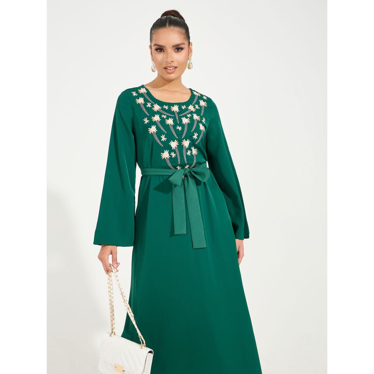 Styli Embroidered Panel Cotton Mix Jalabiya Dress with Tie Belt-women-arabicclothing-jalabiyas-image-2