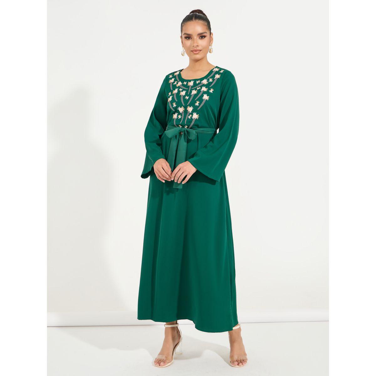 Styli Embroidered Panel Cotton Mix Jalabiya Dress with Tie Belt-women-arabicclothing-jalabiyas-image-4