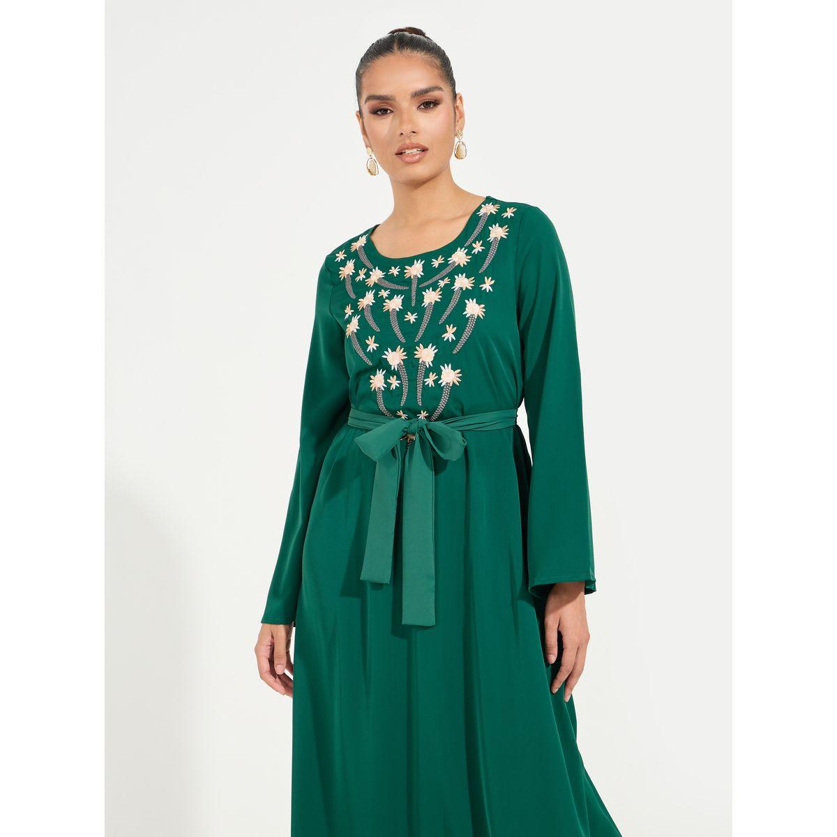 Styli Embroidered Panel Cotton Mix Jalabiya Dress with Tie Belt-women-arabicclothing-jalabiyas-image-5