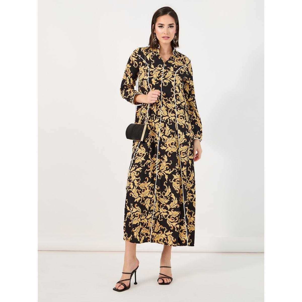 Styli Ornate Print Jalabiya with Piping Detail-women-arabicclothing-jalabiyas-image-1