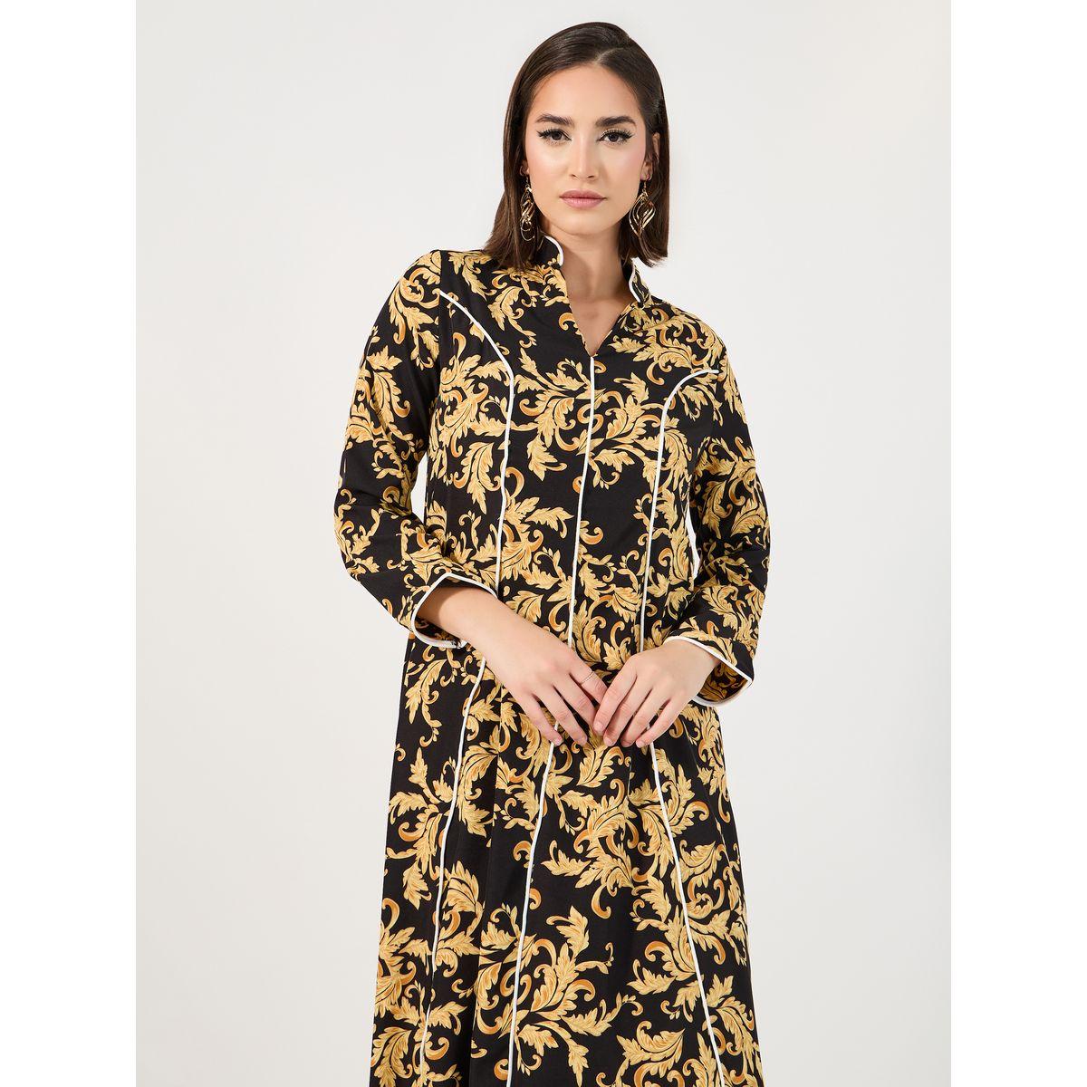 Styli Ornate Print Jalabiya with Piping Detail-women-arabicclothing-jalabiyas-image-2