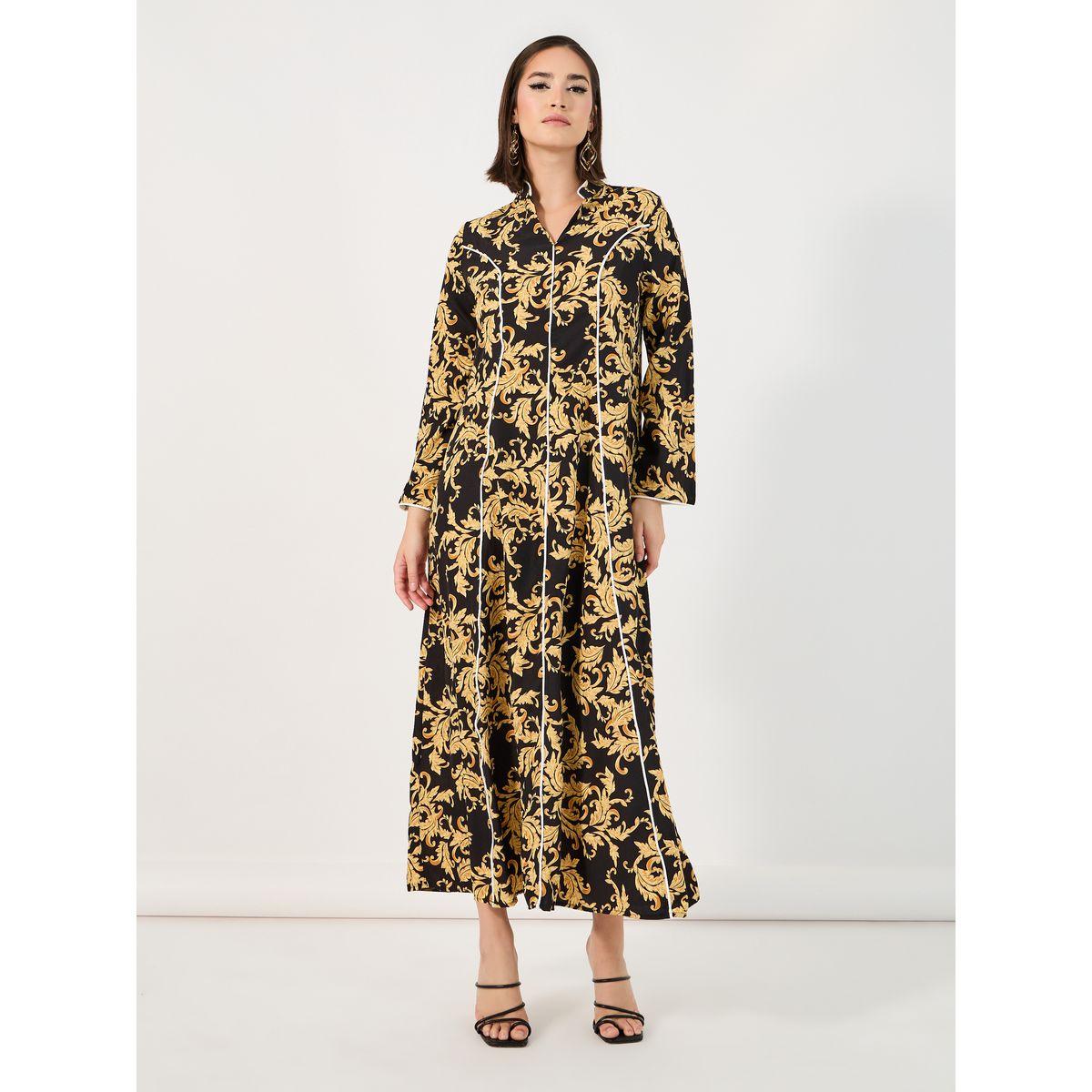 Styli Ornate Print Jalabiya with Piping Detail-women-arabicclothing-jalabiyas-image-4
