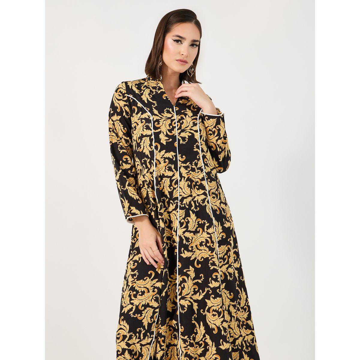 Styli Ornate Print Jalabiya with Piping Detail-women-arabicclothing-jalabiyas-image-5