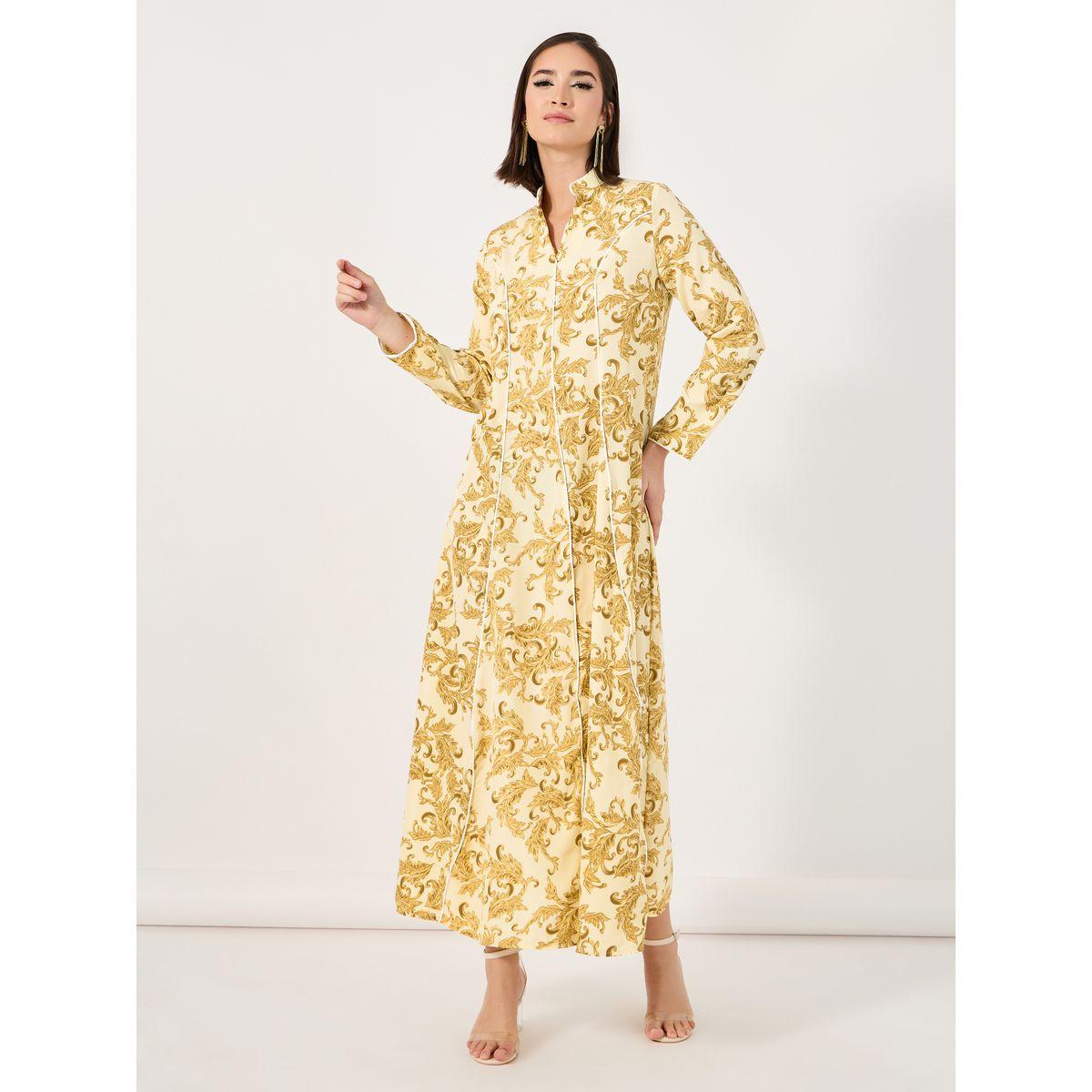 Styli Ornate Print Jalabiya with Piping Detail-women-arabicclothing-jalabiyas-image-1